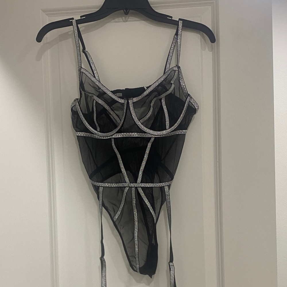 Black Sheer Bodysuit with Silver Trim – Women's Intimates